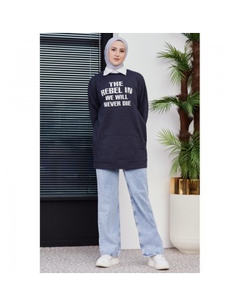 Sweat ample imprimé - Tunique (Tenue hijab moderne pour femme) - Couleur bleu marine 