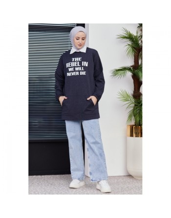 Sweat ample imprimé - Tunique (Tenue hijab moderne pour femme) - Couleur bleu marine 