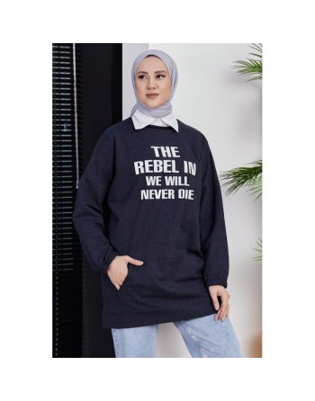 Sweat ample imprimé - Tunique (Tenue hijab moderne pour femme) - Couleur bleu marine 