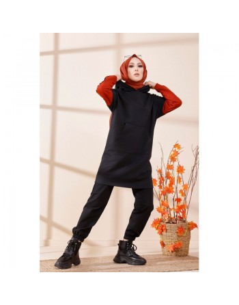 Tunique bicolore avec capuche pour femme (Sweat long style décontracté) - Couleur noir et rouille 