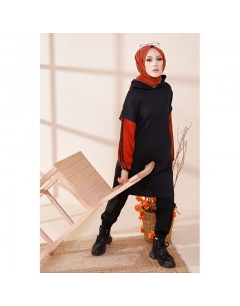 Tunique bicolore avec capuche pour femme (Sweat long style décontracté) - Couleur noir et rouille 