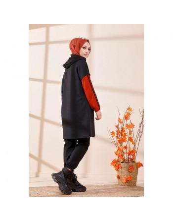 Tunique bicolore avec capuche pour femme (Sweat long style décontracté) - Couleur noir et rouille 