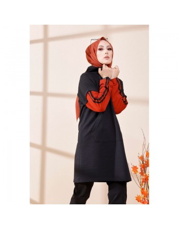 Tunique bicolore avec capuche pour femme (Sweat long style décontracté) - Couleur noir et rouille 