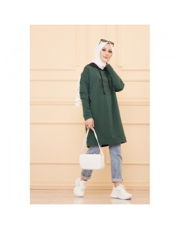 Tunique type sweat-shirt à capuche (Vêtement décontracté et moderne pour hijab) - Couleur vert émeraude 