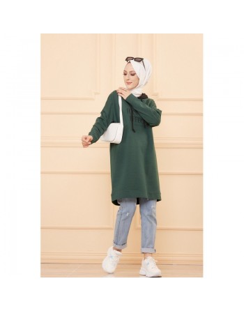 Tunique type sweat-shirt à capuche (Vêtement décontracté et moderne pour hijab) - Couleur vert émeraude 