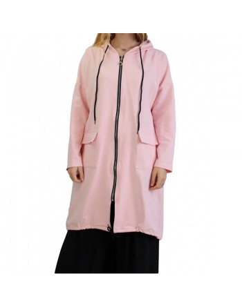Sweat long zippé style sportswear pour femme - Couleur rose poudré 