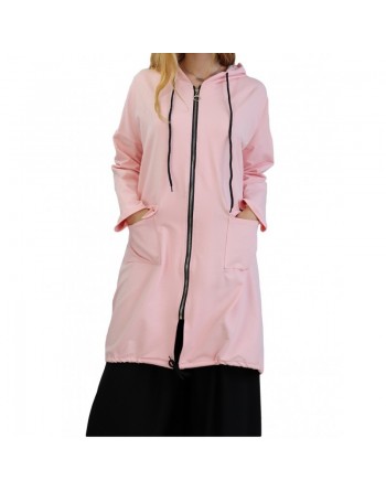 Sweat long zippé style sportswear pour femme - Couleur rose poudré 