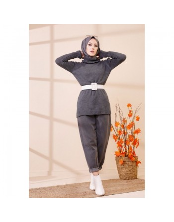 Pull Sweater en maille pour femme (Vêtement Hijab Automne-Hiver) - Couleur anthracite 