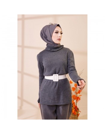 Pull Sweater en maille pour femme (Vêtement Hijab Automne-Hiver) - Couleur anthracite 