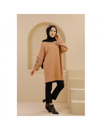 Tunique décontractée avec manches à motif fleurs (Tenue Hijab pour femme musulmane) - Couleur beige 