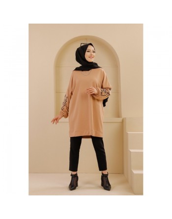 Tunique décontractée avec manches à motif fleurs (Tenue Hijab pour femme musulmane) - Couleur beige 