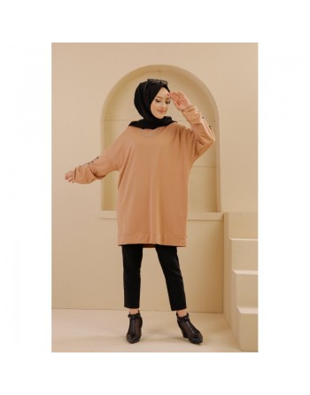 Tunique décontractée avec manches à motif fleurs (Tenue Hijab pour femme musulmane) - Couleur beige 