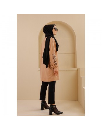 Tunique décontractée avec manches à motif fleurs (Tenue Hijab pour femme musulmane) - Couleur beige 