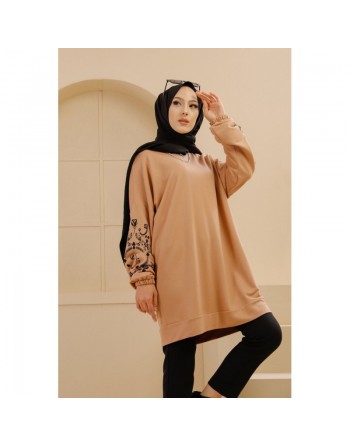 Tunique décontractée avec manches à motif fleurs (Tenue Hijab pour femme musulmane) - Couleur beige 