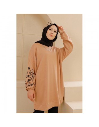 Tunique décontractée avec manches à motif fleurs (Tenue Hijab pour femme musulmane) - Couleur beige 