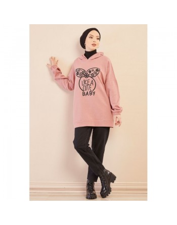 Tunique avec capuche imprimé "Like a cute baby" (Style Moderne) - Couleur rose poudré 