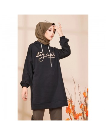 Tunique à capuche ample pour femme (Style Sweatshirt décontracté) - Couleur noir 