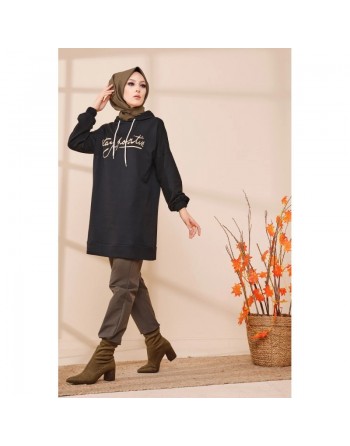 Tunique à capuche ample pour femme (Style Sweatshirt décontracté) - Couleur noir 