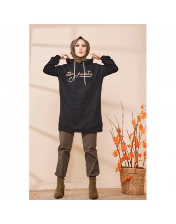 Tunique à capuche ample pour femme (Style Sweatshirt décontracté) - Couleur noir 