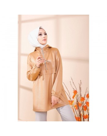 Tunique avec capuche en skaï - Couleur beige 