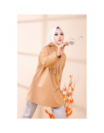 Tunique avec capuche en skaï - Couleur beige 