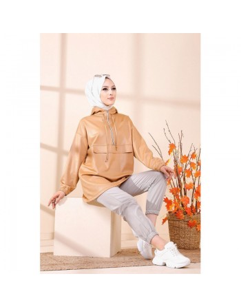 Tunique avec capuche en skaï - Couleur beige 