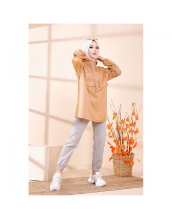 Tunique avec capuche en skaï - Couleur beige 