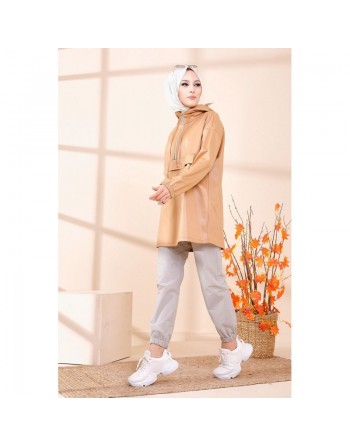 Tunique avec capuche en skaï - Couleur beige 