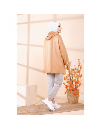 Tunique avec capuche en skaï - Couleur beige 