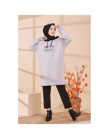 Tunique type sweat long à capuche (Vêtement de tous les jours pour Hijab) - Couleur gris clair 