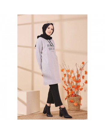 Tunique type sweat long à capuche (Vêtement de tous les jours pour Hijab) - Couleur gris clair 