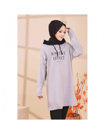 Tunique type sweat long à capuche (Vêtement de tous les jours pour Hijab) - Couleur gris clair 