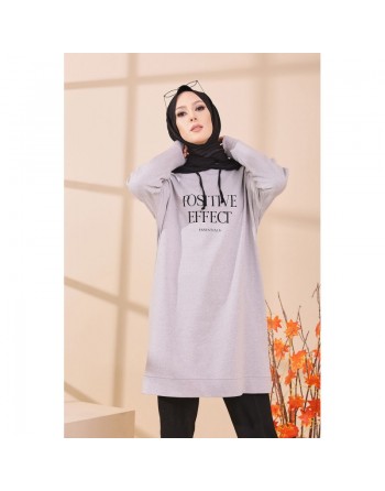 Tunique type sweat long à capuche (Vêtement de tous les jours pour Hijab) - Couleur gris clair 