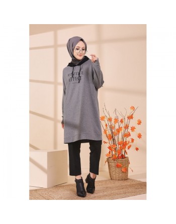 Tunique type sweat long à capuche (Vêtement moderne décontracté pour Hijab) - Couleur gris 