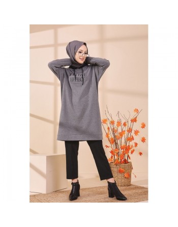 Tunique type sweat long à capuche (Vêtement moderne décontracté pour Hijab) - Couleur gris 