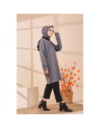 Tunique type sweat long à capuche (Vêtement moderne décontracté pour Hijab) - Couleur gris 