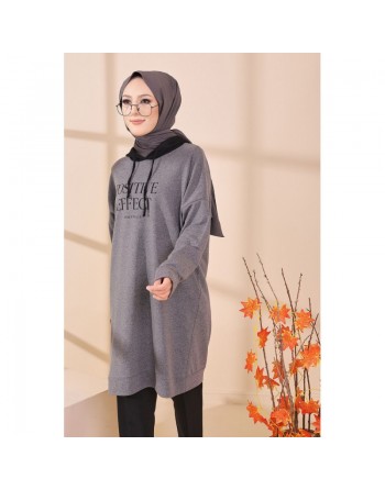 Tunique type sweat long à capuche (Vêtement moderne décontracté pour Hijab) - Couleur gris 