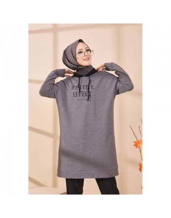 Tunique type sweat long à capuche (Vêtement moderne décontracté pour Hijab) - Couleur gris 