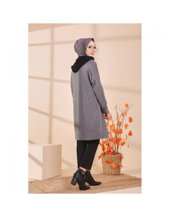 Tunique type sweat long à capuche (Vêtement moderne décontracté pour Hijab) - Couleur gris 