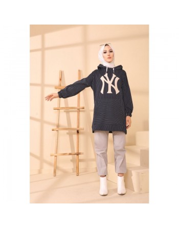 Tunique Sweatshirt à capuche pour femme avec rayures - Couleur bleu marine 
