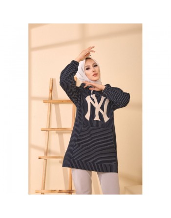 Tunique Sweatshirt à capuche pour femme avec rayures - Couleur bleu marine 