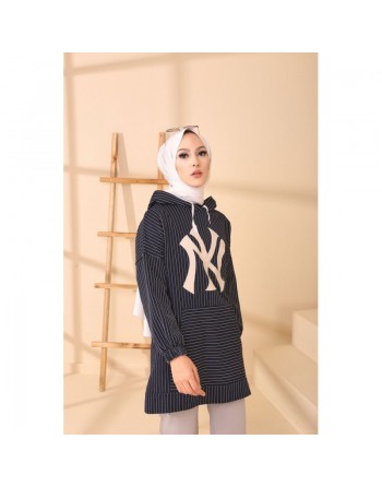 Tunique Sweatshirt à capuche pour femme avec rayures - Couleur bleu marine 
