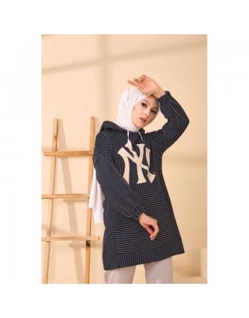 Tunique Sweatshirt à capuche pour femme avec rayures - Couleur bleu marine 