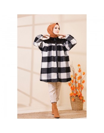 Veste - Chemise longue oversize à grands carreaux (Look femme voilée hiver) - Couleur noir et blanc 