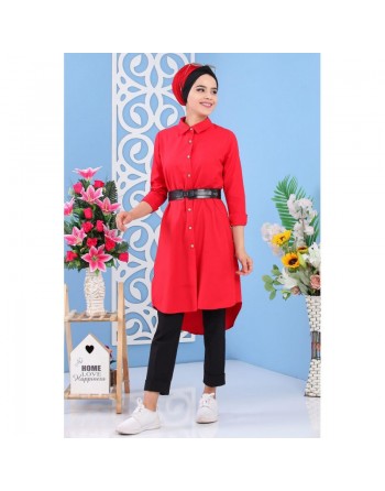 Tunique chemise longue décoration boutons pour femme - Couleur rouge 