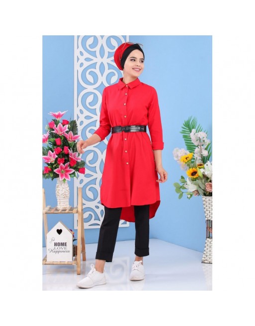 Tunique chemise longue décoration boutons pour femme - Couleur rouge Tunique chemise longue décoration boutons pour femme - Couleur rouge