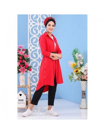 Tunique chemise longue décoration boutons pour femme - Couleur rouge 