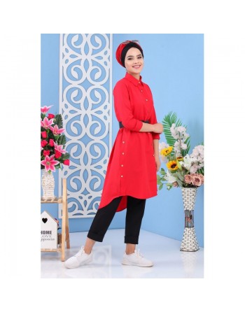 Tunique chemise longue décoration boutons pour femme - Couleur rouge 