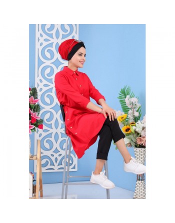 Tunique chemise longue décoration boutons pour femme - Couleur rouge 