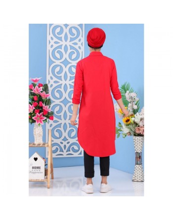 Tunique chemise longue décoration boutons pour femme - Couleur rouge 